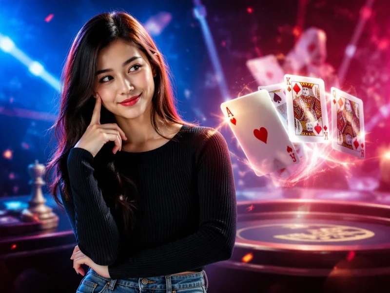 Nữ người chơi dừng lại suy nghĩ trước khi đánh bài trong xì dách RR88