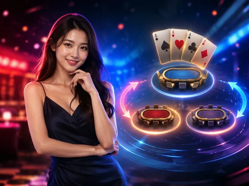 Sơ đồ quy trình chọn bàn xì dách theo từng bước trên nền ánh sáng neon